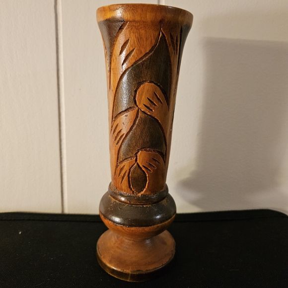 Vintage Hand Carved Wooden Vase Bohemian Mid-century Modern 8" Two-tone - Picture 13 of 16